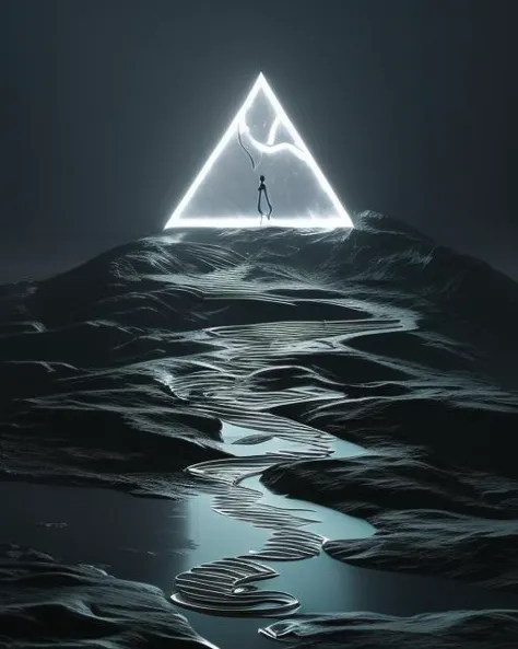 a man standing on a rocky path in front of a triangle with a snake on it , c4d