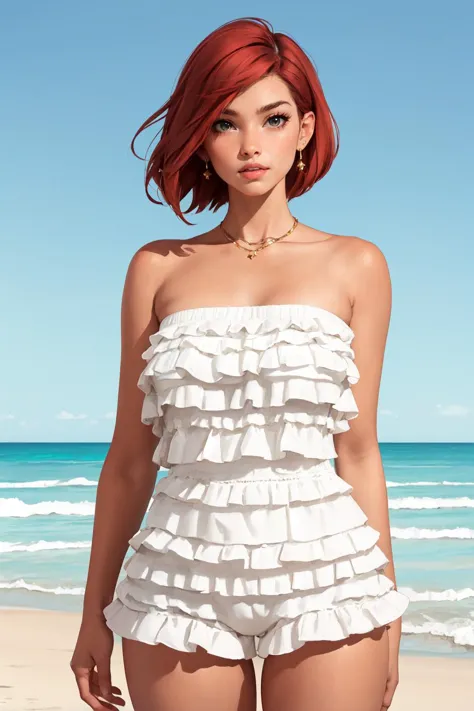 portrait, adult, curvy woman, (short red hair), rom_1, strapless white ruffled romper (standing on beach:1.3), <lora:rom_1-10:0....