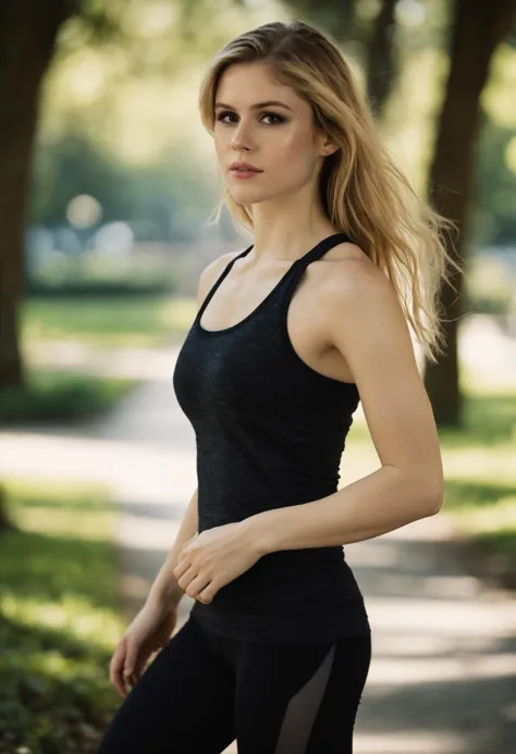 cinematic photography of a beautiful 25 year-old erin_moriarty, jogging in the park wearing leggings and a tank top, (by alyssa ...