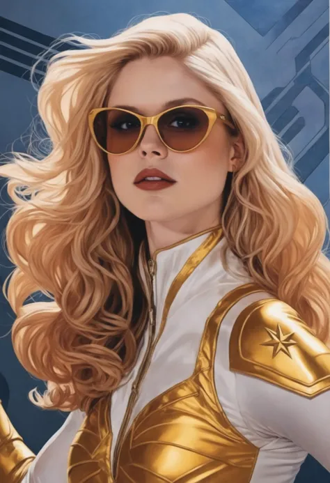 erin_moriarty in a superhero pose, starlight_costume, comic book illustration by ( catherine hyde ) and hajime sorayama ) and be...