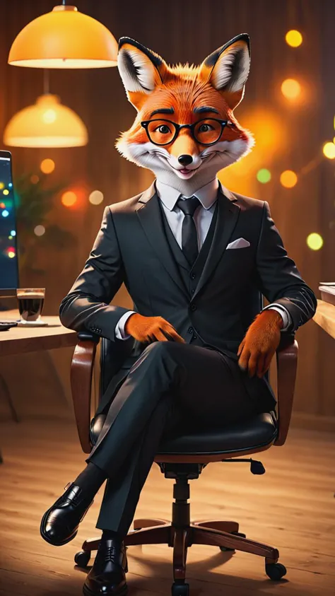 Raw photo of a mr.Fox, sits, black suit and shoes, black glasses, sits on office chair, wooden table, smile, in office, at a new...
