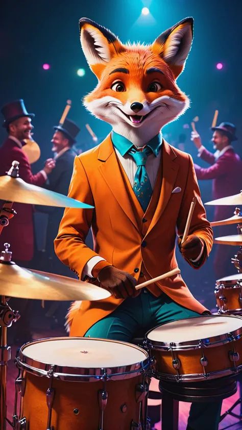 Raw photo of a mr.Fox, sits, play on drums, smile, on stage, at a new Year party, neon, realistic, cinematic lighting, soft shad...