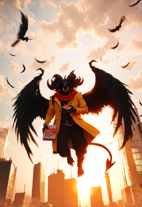 anime character flying in the air with a city in the background