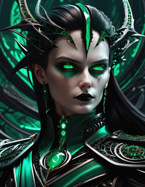 a woman with green eyes and horns in a dark green costume