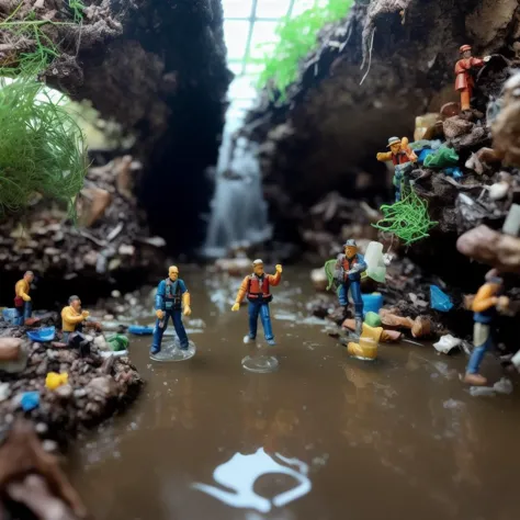 there are many small toy figures standing in a small stream