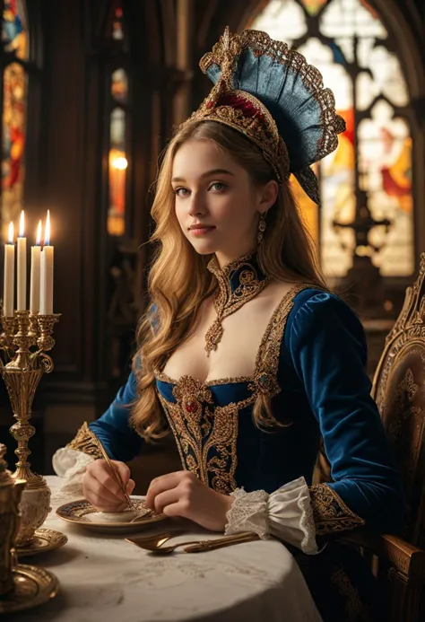 (medium full shot) of (noble musketeer) young woman, Medium build, extra long hazel hair, philippine, pale skin, hazel eyes, wearing a feathered hat, dark blue musketeer's tabard, knee-high boots, gloves, wielding a rapier, set in  ancient castle Dining Hall, Regal space with a long dining table set with fine china and crystal glassware, ornate candelabras casting flickering light, high-backed chairs upholstered in velvet, a sideboard displaying decadent desserts, a stained glass window depicting a royal crest, during sunset, woman smiling, detailed face, ,Masterpiece,best quality, photo, realistic, very aesthetic