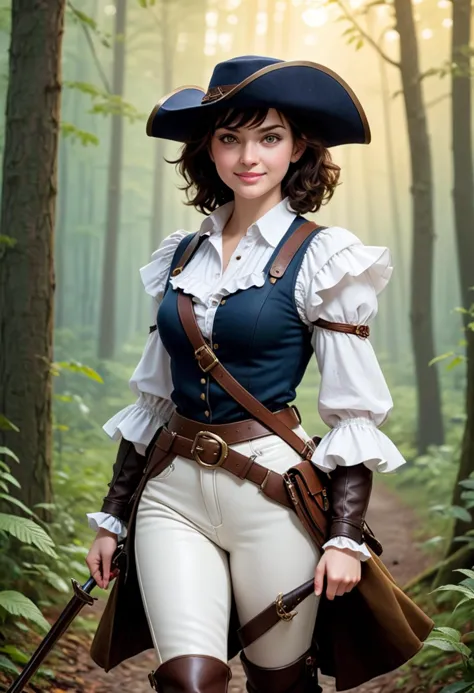 (medium full shot) of (courageous musketeer) young woman, slim build, short dark hair, german, pale skin, light brown eyes, wear...