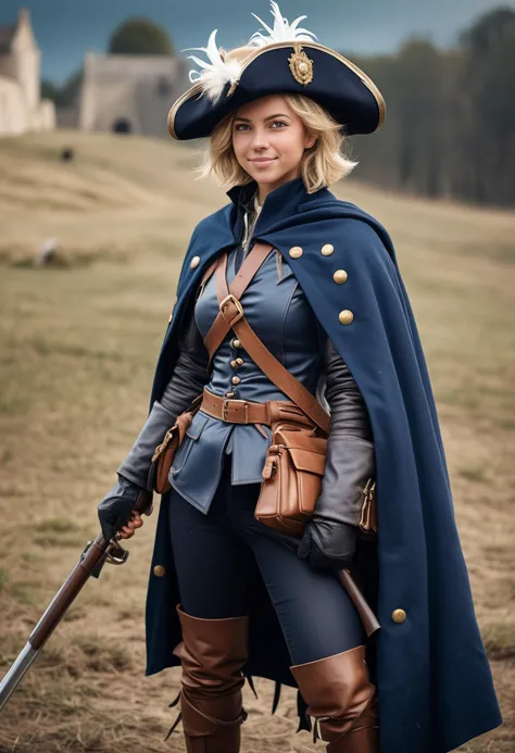 (medium full shot) of (heroic musketeer) young woman, petite build, short blonde hair, italian, tan skin, light brown eyes, wear...