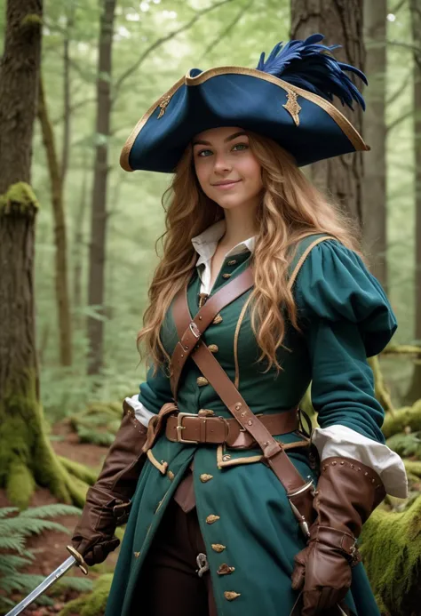 (medium full shot) of (intrepid musketeer) young woman, average build, extra long hazel hair, canadian, tan skin, dark green eye...