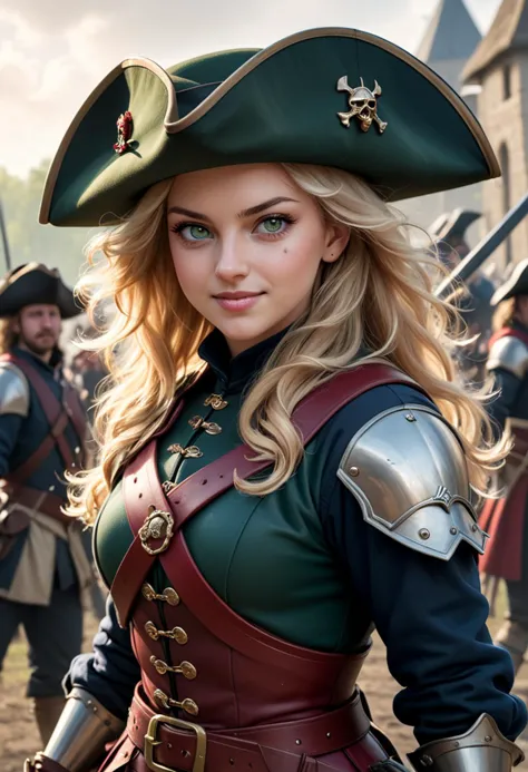 (medium full shot) of (dashing musketeer) young woman, medium build, medium blonde hair, german, tan skin, dark green eyes, wear...