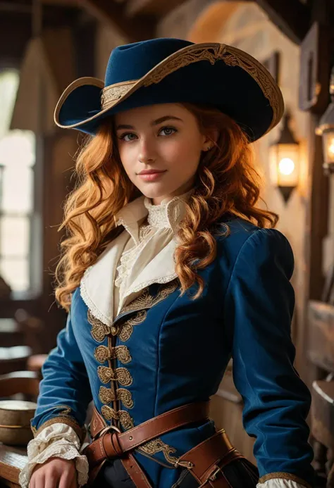 (medium full shot) of (noble musketeer) young woman, willowy build, medium ginger hair, italian, tan skin, brown eyes, wearing a musketeer hat, blue velvet coat, breeches, riding boots, ornate buckle, wielding a rapier, set in  a hidden tavern, with secret entrances, dim lighting, an air of mystery, during sunset, woman smiling, detailed face, ,Masterpiece,best quality, photo, realistic, very aesthetic