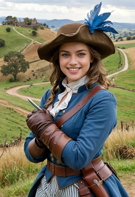 (medium full shot) of (valiant musketeer) young woman, lithe build, medium brown hair, australian, light skin, olive green eyes,...