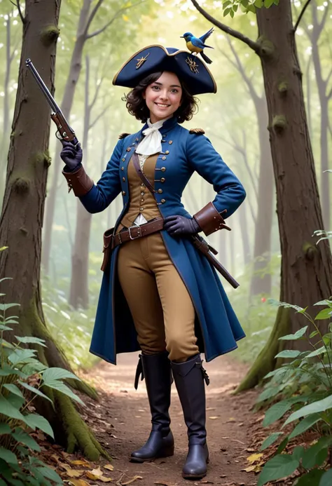 (medium full shot) of (dashing musketeer) young woman, tiny build, short dark hair, australian, tan skin, olive green eyes, wear...