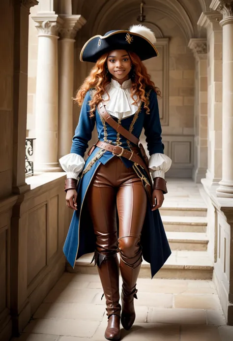 (medium full shot) of (chivalrous musketeer) young woman, medium build, long ginger hair, african, dark skin, light brown eyes, ...