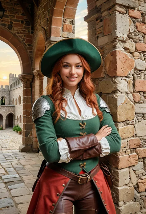 (medium full shot) of (gallant musketeer) young woman, lithe build, medium red hair, indian, tan skin, light green eyes, wearing...