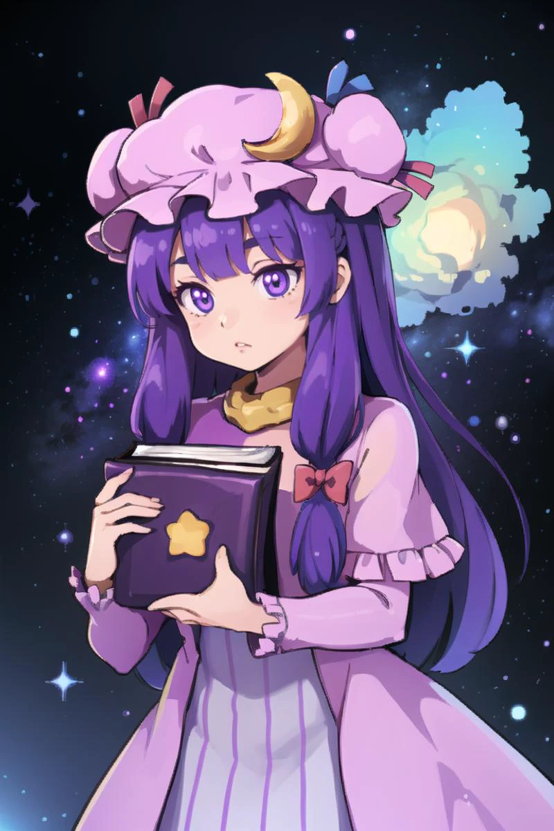 1個女孩,紫色頭髮,紫色的眼睛,長髮, 暴徒帽,新月形帽子裝飾品, 絲帶,裙子, 拿著一本紫色的書, 發光的, 星形符號, 空間, 星星, 行星, 宇宙, 星雲