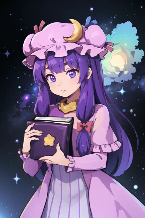 1girl,purple hair,purle eyes,long hair, mob cap,crescent hat ornament, ribbon,dress, <lora:patchouli:0.9>,
holding a purple book...