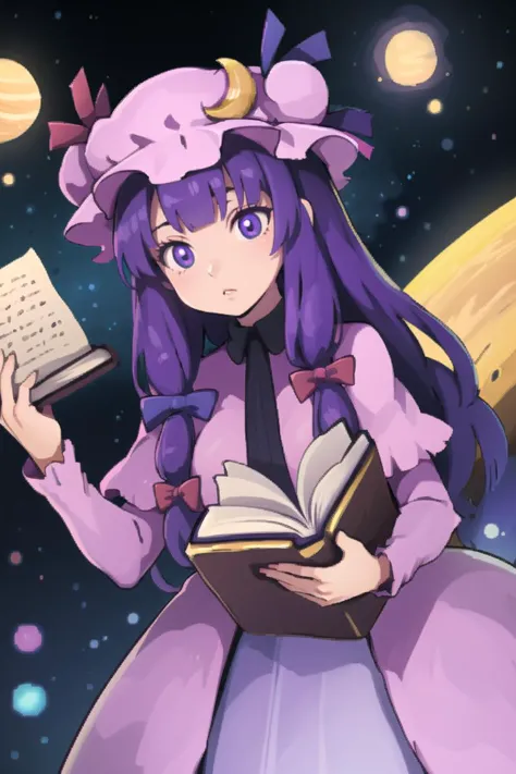 1girl,purple hair,purle eyes,long hair, mob cap,crescent hat ornament, ribbon,dress, <lora:patchouli:0.9>,
holding a purple book...
