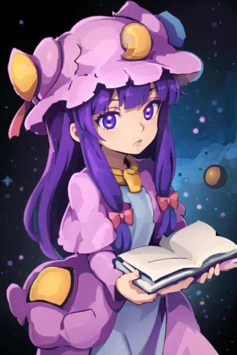 1girl,purple hair,purle eyes,long hair, mob cap,crescent hat ornament, ribbon,dress, <lora:patchouli:0.9>,
holding a purple book...