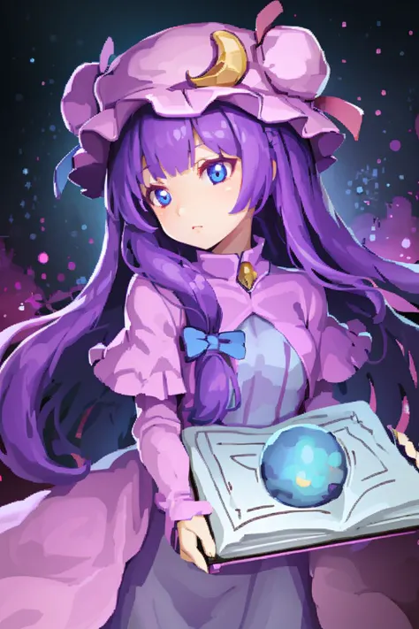 holding a purple book, <lora:FantasyIcons_Books:0.8>,  glowing, star symbol, space, stars, planets, cosmos, nebula,
1girl,purple...