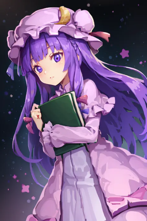 holding a purple book, <lora:FantasyIcons_Books:0.8>,  glowing, star symbol, space, stars, planets, cosmos, nebula,
1girl,purple...