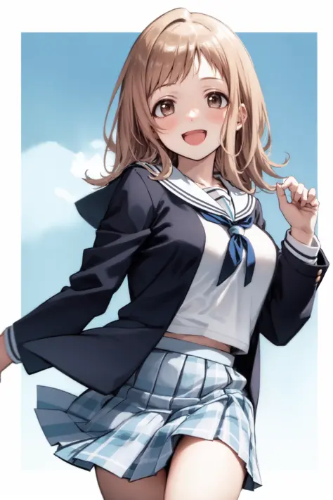 <lora:sakuragi mano:1>, sakuragi mano, 1girl, skirt, solo, looking at viewer, smile, plaid, brown eyes, plaid skirt, jacket, school uniform, open mouth, pleated skirt, sailor collar, blue skirt, medium hair, shirt, brown hair, brown jacket, light brown hair, :d