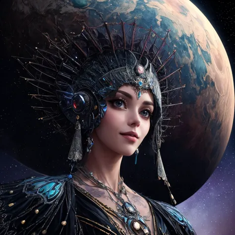 a woman in a black dress and headdress with a planet in the background