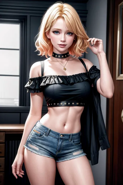 ((Masterpiece, best quality)), smirk, smug, edgQuality, off shoulder, edgpshorts, a young woman (madison riley:bryce dallas howard:0.5), 20yo, wearing a pair of shorts with studded shorts , wearing edgpshorts, gradient blonde hair color, choker, red eyes,
<lora:add_detail:1>