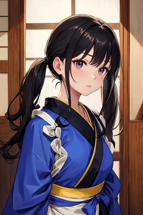 masterpiece, best quality, highres, aatakina, long hair, twintails, black hair, breasts, japanese clothes, (blue kimono:1.2), tasuki, long sleeves, sash, (brown apron:1.2), <lora:inoue_takina_v1:0.7>, 
, close portrait, upper body