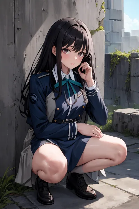 anime girl in uniform sitting on the ground talking on her cell phone