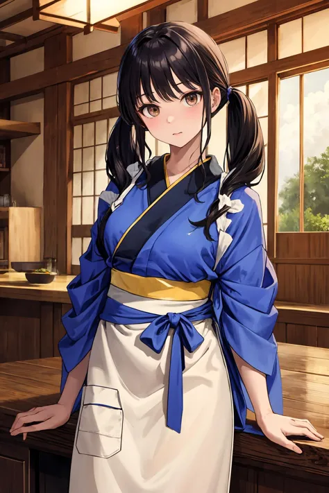 anime girl in a blue kimono standing in a room