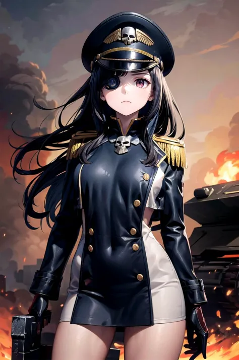 (masterpiece, best quality, detailed), 1girl, solo, looking at viewer, <lora:inoue_takina_v1:0.75>, aatakina, long hair, black hair, breasts, <lora:edgWar40kCommissarv1:0.85>, edgCommissar, millitary uniform, epaulettes, ((artificial eye)), skull emblem, hat, wearing edgCommissar, world war ii, war, military vehicle, battlefield, battle, dust, smoke, burning, fire, red sky, explosion, contrapposto, expressionless, closed mouth