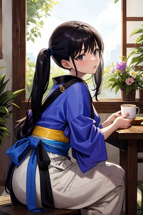 a woman sitting at a table with a cup of coffee