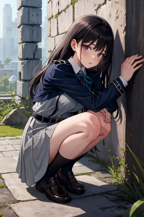 anime girl leaning against a wall with her legs crossed