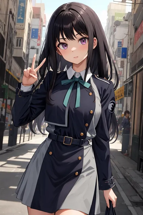 anime girl in uniform walking down a city street with a hand up