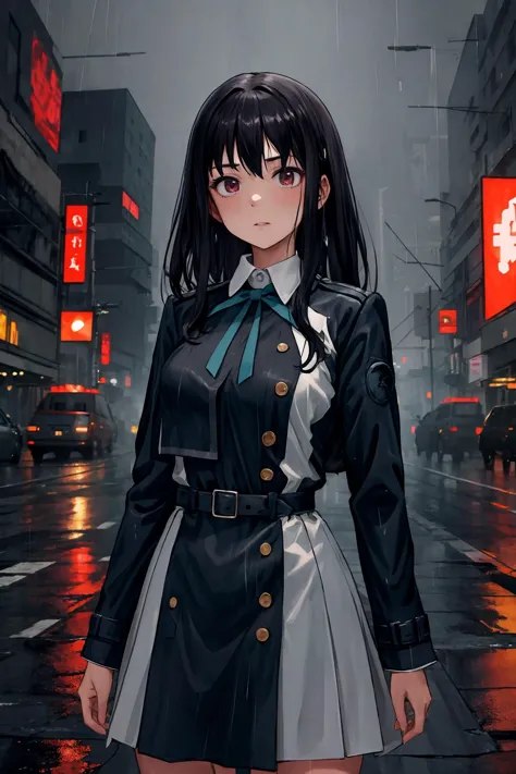 anime girl in a black and white dress standing in the rain