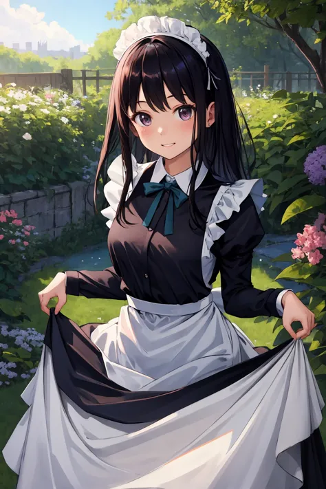 anime maid in a garden with flowers and a fence