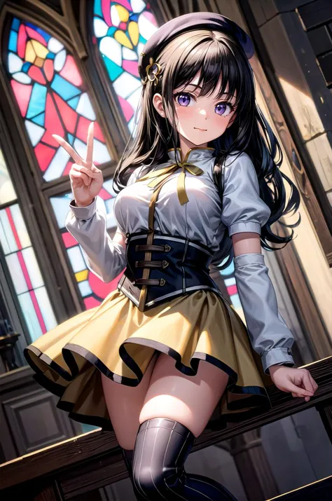 (masterpiece, best quality, detailed), 1girl, solo, looking at viewer, aatakina, long hair, black hair, breasts, 
<lora:MadokaCostumePackV1_2:0.9>, mami outfit, indoors, church, stained glass, window, candle, dutch angle, peace sign, smile, closed mouth, wavy mouth, blush