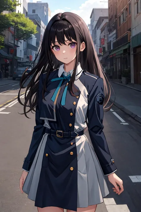 anime girl in a short skirt and jacket walking down a street