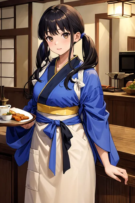 masterpiece, best quality, highres, aatakina, long hair, twintails, black hair, breasts, japanese clothes, (blue kimono:1.2), tasuki, long sleeves, sash, (brown apron:1.2), <lora:inoue_takina_v1:0.7>, indoors, standing, cowboy shot, smile, serving tray