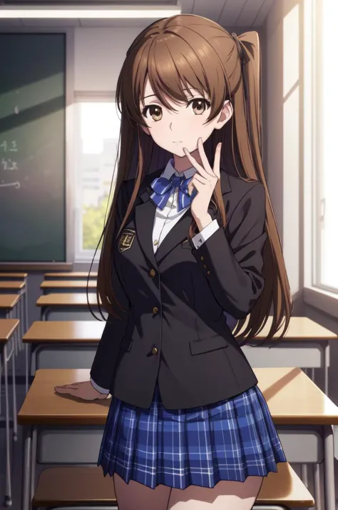 masterpiece, best quality, absurdres, Ogiso Setsuna <lora:Ogiso_Setsuna:0.8> , 1girl, brown eyes, (long hair, light brown hair, two side up:1.2), (school uniform:1.2), plaid skirt, blazer, BREAK 
nice hands, perfect hands, <lora:GoodHands-beta2:0.8>, (beaufitul hand, beautiful finger:1.15), School, classroom, school chair, school desk, (Deep Depth Of Field), (perfect anatomy), cowboy shot, [Cinematic lighting|Volumetric Lighting], looking at viewer