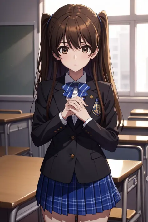 masterpiece, best quality, absurdres, Ogiso Setsuna <lora:Ogiso_Setsuna:0.8> , 1girl, brown eyes, (long hair, light brown hair, two side up:1.2), (school uniform:1.2), plaid skirt, blazer, BREAK 
nice hands, perfect hands, <lora:GoodHands-beta2:0.8>, (beaufitul hand, beautiful finger:1.15), School, classroom, school chair, school desk, sharp focus, (perfect anatomy), cowboy shot, [Cinematic lighting|Volumetric Lighting], looking at viewer