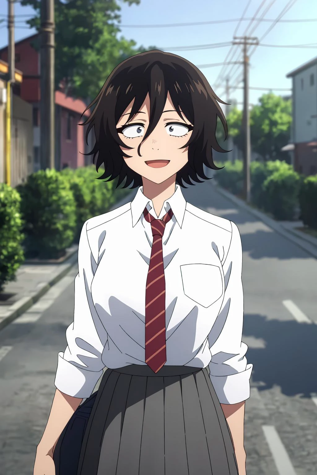 ((best quality)),((highly detailed)),masterpiece,absurdres,detailed face,beautiful face,(detailed eyes, deep eyes),(1girl),((dynamic pose)),  1girl, Akira, black hair, solo, skirt, scar, necktie, , short hair, outdoors, shirt, bag, pleated skirt, open mouth, breast pocket, white shirt, holding bag, holding, smile, breasts, tree, red necktie, striped necktie, utility pole, hair between eyes, pocket, school bag, messy hair, shirt tucked in, grey eyes, collared shirt, grey skirt, bangs, power lines, long sleeves, striped, looking at viewer, blind, bush, large breasts, night, blurry background, building, standing, blurry, medium hair, white eyes, road,  bags under eyes, feet out of frame, sleeves rolled up, hand up, medium breasts, looking to the side, diagonal-striped necktie, sky