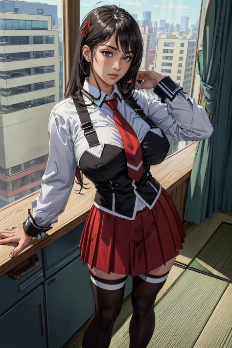 anime girl in uniform posing in front of window with city view