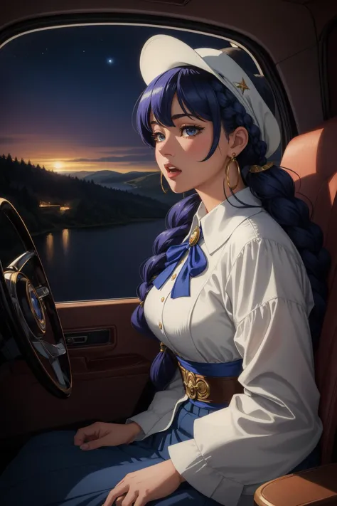 a woman in a sailor outfit sitting in a car with a steering wheel