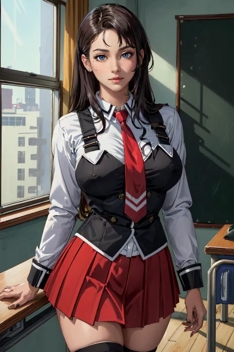 (masterpiece, best quality, ultra detailed, absurdres:1.5), 1girl, (sexy, beautiful woman, perfect face, perfect eyes, perfect female body, large breasts:1.5), (CLOTHING_BibleBlack_SchoolDress_ownwaifu, long hair, black vest, red skirt, white shirt, collared shirt, suspenders, school uniform, black thighhighs, zettai ryouiki, necktie, long sleeves, pleated skirt, red necktie, loafers, <lora:CLOTHING_BibleBlack_SchoolDress_ownwaifu:0.75>), (standing, indoors, Japanese classroom), perfect lighting, smooth, hdr