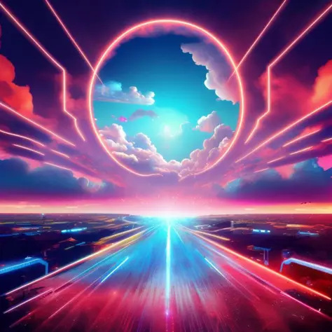 heaven if it were cyberpunk, volumetric, neon, clouds, bright lights, angelic, beautiful scenery