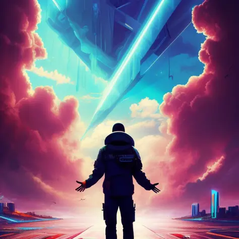 heaven if it were cyberpunk, volumetric, neon, clouds, bright lights, angelic, beautiful scenery