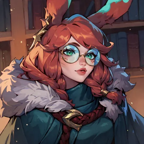 score_9, score_8_up, score_7_up,  <lora:Aurora:1>, aurora (league of legends), 1girl, green eyes, rabbit ears, freckles, bangs, braid, green cloak, fur trim, hood down, library, round eyewear, earrings