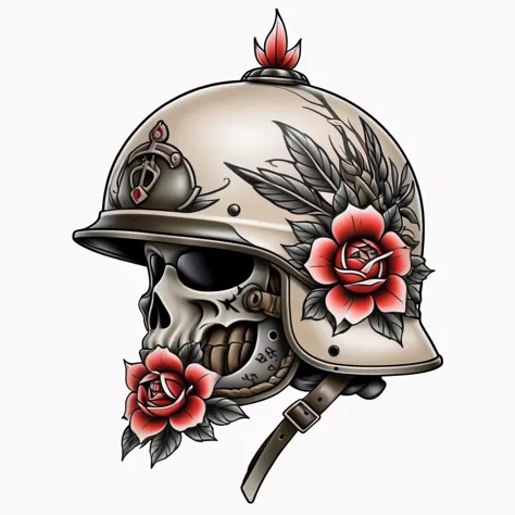 <lora:Traditional_Tattoos:0.65> military helmet in style of tr4dt4t, traditional tattoo, white background,